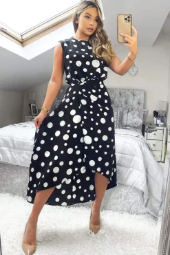 Black And White Polka Dot Gathered Midi Dress