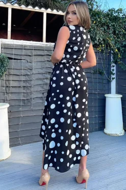 Black And White Polka Dot Gathered Midi Dress