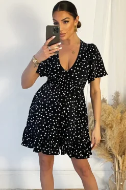 Black And White Polka Dot Print Wrap Top Frill Hem Dress