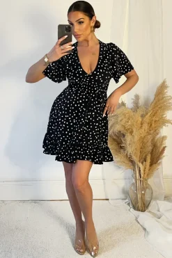Black And White Polka Dot Print Wrap Top Frill Hem Dress