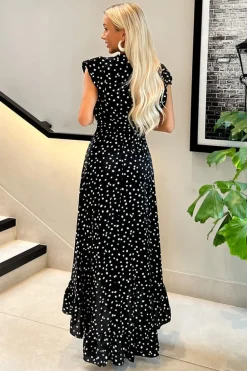 Black And White Polka Dot Wrap Over Top Frill Hem Midi Dress