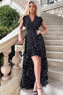 Black And White Polka Dot Wrap Over Top Frill Hem Midi Dress