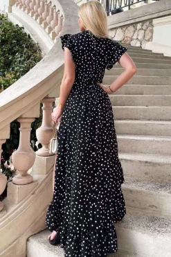 Black And White Polka Dot Wrap Over Top Frill Hem Midi Dress