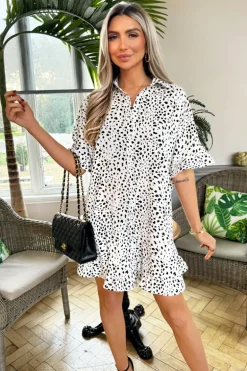 Black And White Print Frill Hem Shirt Dress