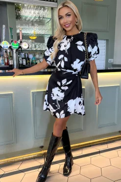 Black And White Print Short Puff Sleeve Gathered Side Mini Dress