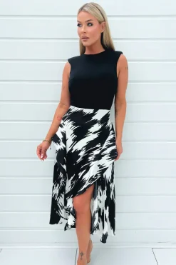 Black And White Printed 2 In 1 Double Frill Split Midi Dress