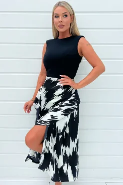 Black And White Printed 2 In 1 Double Frill Split Midi Dress