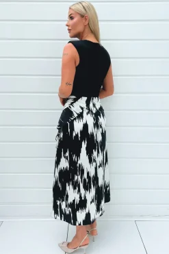 Black And White Printed 2 In 1 Double Frill Split Midi Dress