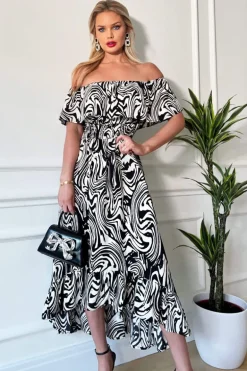 Black And White Printed Bardot Style Midi Dress