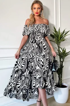Black And White Printed Bardot Style Midi Dress
