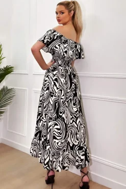 Black And White Printed Bardot Style Midi Dress
