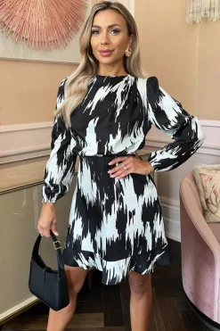 Black And White Printed Long Sleeve Pleated Shoulder Mini Dress