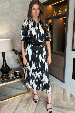 Black And White Printed Short Sleeve Belted Shirt Midi Dress