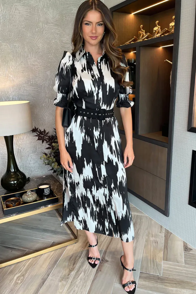 Black And White Printed Short Sleeve Belted Shirt Midi Dress