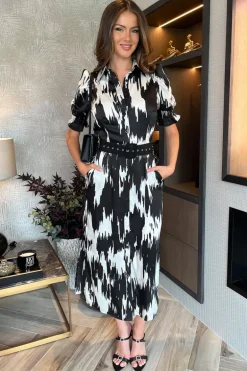 Black And White Printed Short Sleeve Belted Shirt Midi Dress