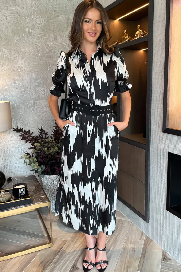 Black And White Printed Short Sleeve Belted Shirt Midi Dress