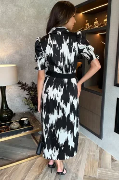 Black And White Printed Short Sleeve Belted Shirt Midi Dress