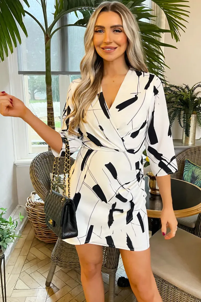 Black And White Printed Wrap Top Mini Dress