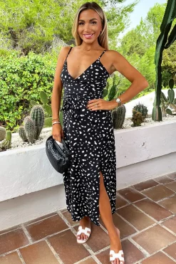 Black And White Spot Printed Strappy Wrap Top Tie Waist Midi Dress