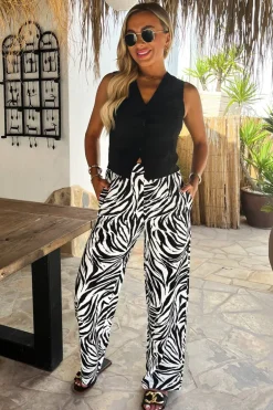Black And White Zebra Print Wide Leg Trousers
