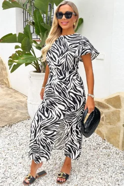 Black And White Zebra Print Flutter Sleeve Midi Dress