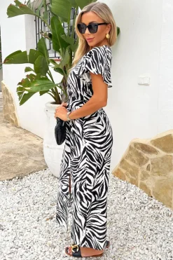 Black And White Zebra Print Flutter Sleeve Midi Dress