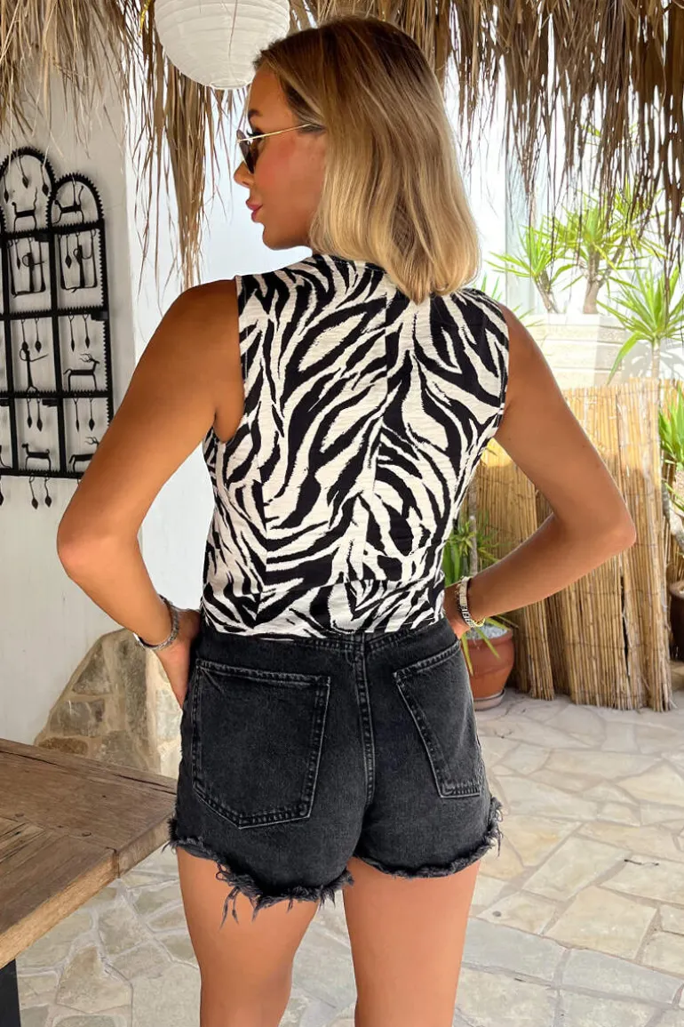 Black And White Zebra Print Button Front Tailored Waistcoat