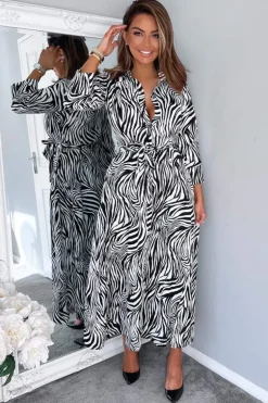 Black And White Zebra Print Midi Shirt Dress