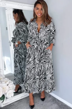 Black And White Zebra Print Midi Shirt Dress