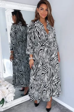 Black And White Zebra Print Midi Shirt Dress
