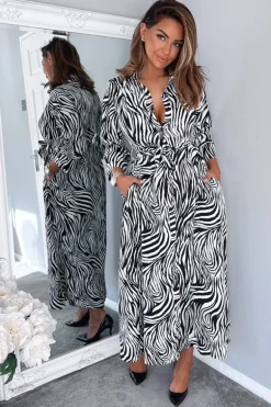 Black And White Zebra Print Midi Shirt Dress