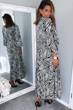 Black And White Zebra Print Midi Shirt Dress