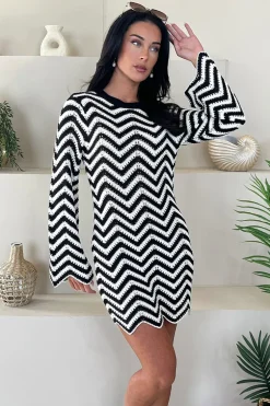 Black And White Zig Zag Long Sleeve Crochet Mini Dress