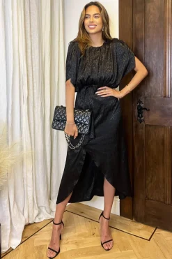 Black Animal Print Batwing Gathered Top Midi Dress