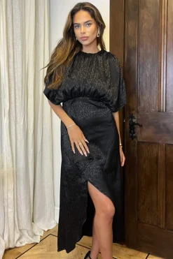 Black Animal Print Batwing Gathered Top Midi Dress