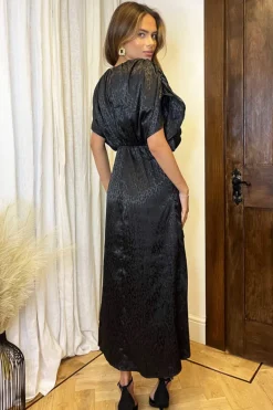 Black Animal Print Batwing Gathered Top Midi Dress