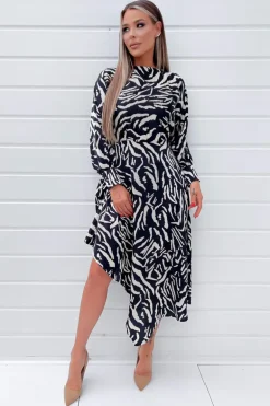 Black Animal Print High Low Skirt Midi Dress