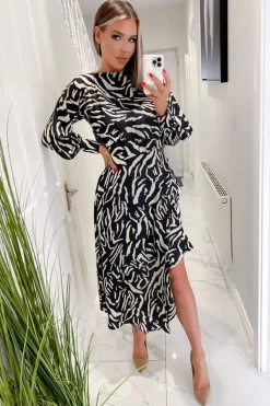 Black Animal Print High Low Skirt Midi Dress