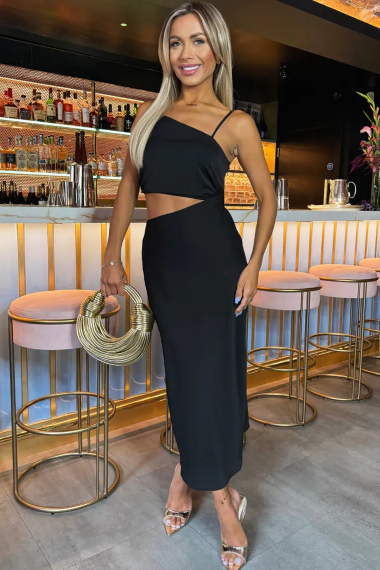 Black Asymmetric Cut Out Midi Dress