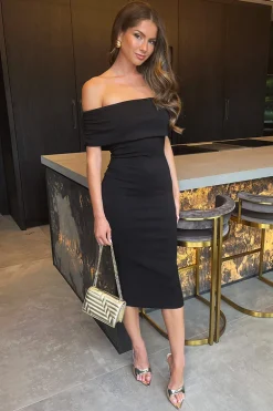 Black Bardot Fold Over Top Bodycon Midi Dress
