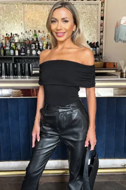 Black Bardot Fold Over Top Detail Bodysuit
