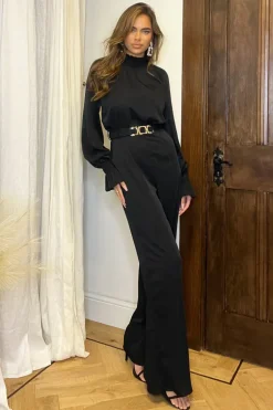 Black Belted Frill Cuff Sleeve Jumpsuit