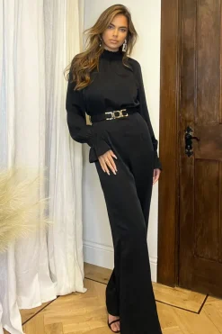 Black Belted Frill Cuff Sleeve Jumpsuit
