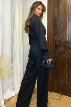 Black Belted Frill Cuff Sleeve Jumpsuit
