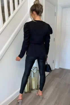 Black Belted Wrap Long Sleeve Top