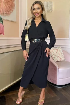 Black Belted Wrap Midi Shirt Dress