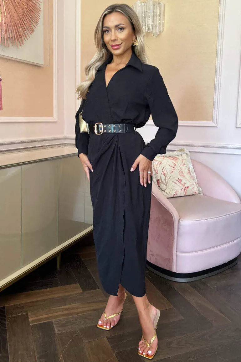 Black Belted Wrap Midi Shirt Dress
