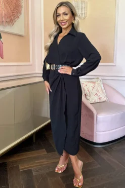 Black Belted Wrap Midi Shirt Dress