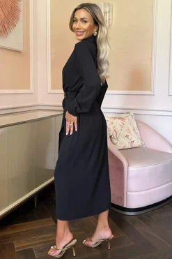 Black Belted Wrap Midi Shirt Dress
