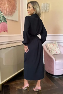 Black Belted Wrap Midi Shirt Dress